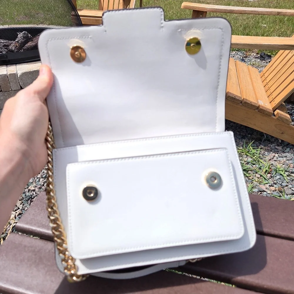 Michael Kors White Heather Logo Crossbody Bag Gold Chunky Chain Hardware - Picture 11 of 16